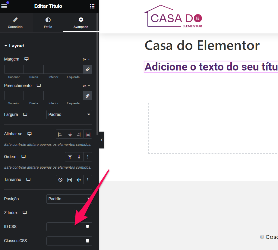 encontrando o id css para configurar o menu ancora no elementor