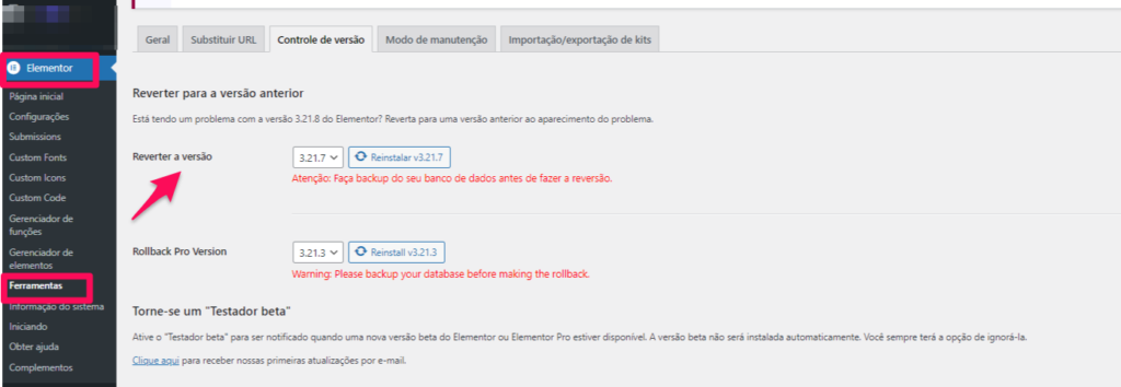 como Reverter para uma Versão Anterior do Elementor
