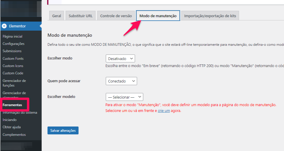 como ativar o Modo de Manutenção