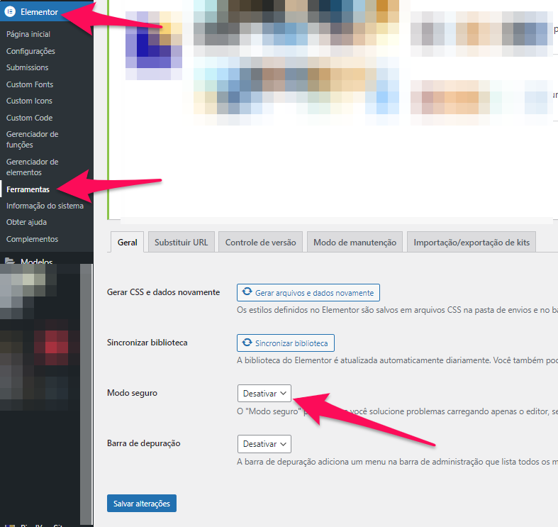 ativando o modo seguro para evitar do Elementor Não Carregar