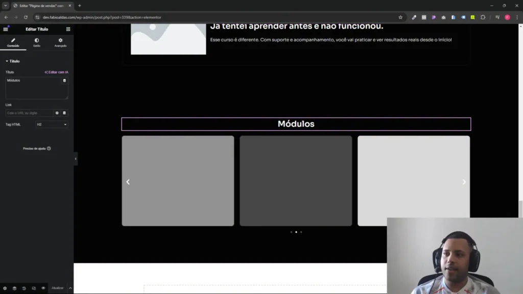 Listagem dos módulos do curso no Elementor